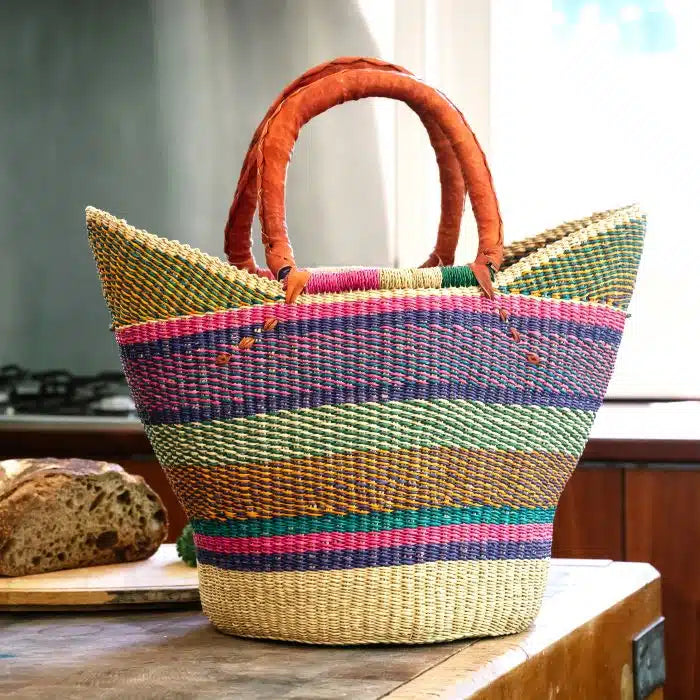 Handwoven Bolga Market Basket with Leather Straps – 11.5" × 16.5"