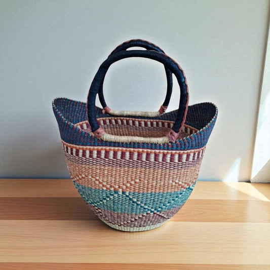 Large Colorful Bolga Market Basket – Handwoven Ghana Basket Tote with Leather Handles – African Straw Shopping Bag – Woven Storage Basket